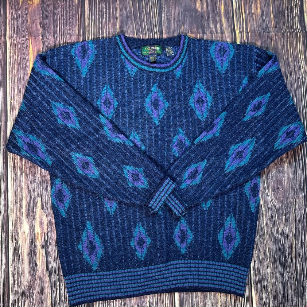 Men’s Vintage 80s Colours by Alexander Julian Wool Colorful Pattern Sweater - Picture 3 of 7